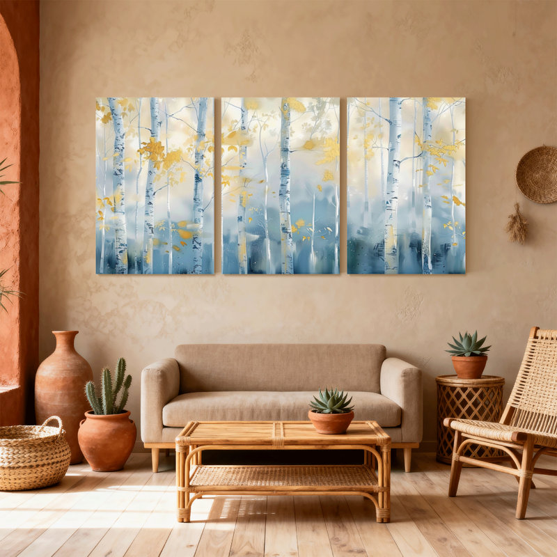Paysage et nature, bouleaux d'automne, feuilles bleues, ensemble de 3 impressions sur toile, H 36 po x l 72 po