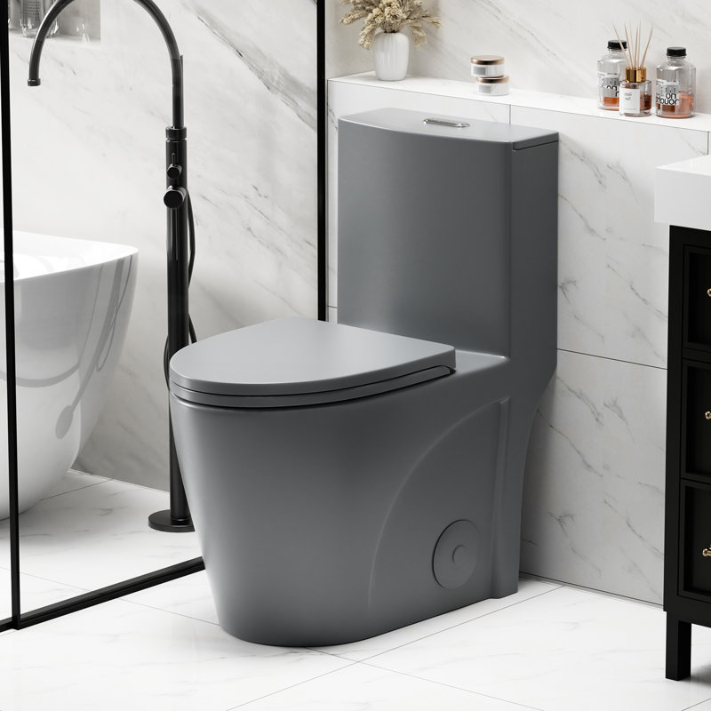 Une toilette avec double chasse d'eau 001. Siège à fermeture en douceur 1,1 / 1,6. Eau, bol allongé. Hauteur, en céramique grise Chasse, hauteur. Pour la catégorisation