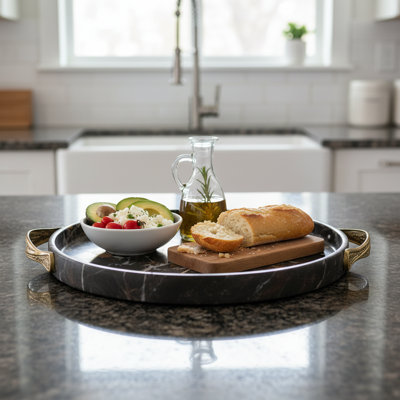 Plateau de service rond en marbre noir et or 12 po - Élégant décor de maison et de cuisine de luxe