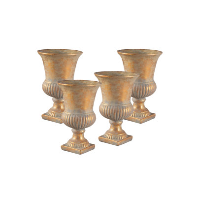  Antique Gold Ribbed Cement Urn Vase, European Style Decorative Flower Pot For Classic Or Rustic Home Décor, 6.5" Diameter & 10" Tall, Pack Of 4