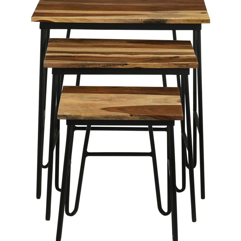 Natural Wood Nesting Tables With Modern Iron Base Of 3 And Legs