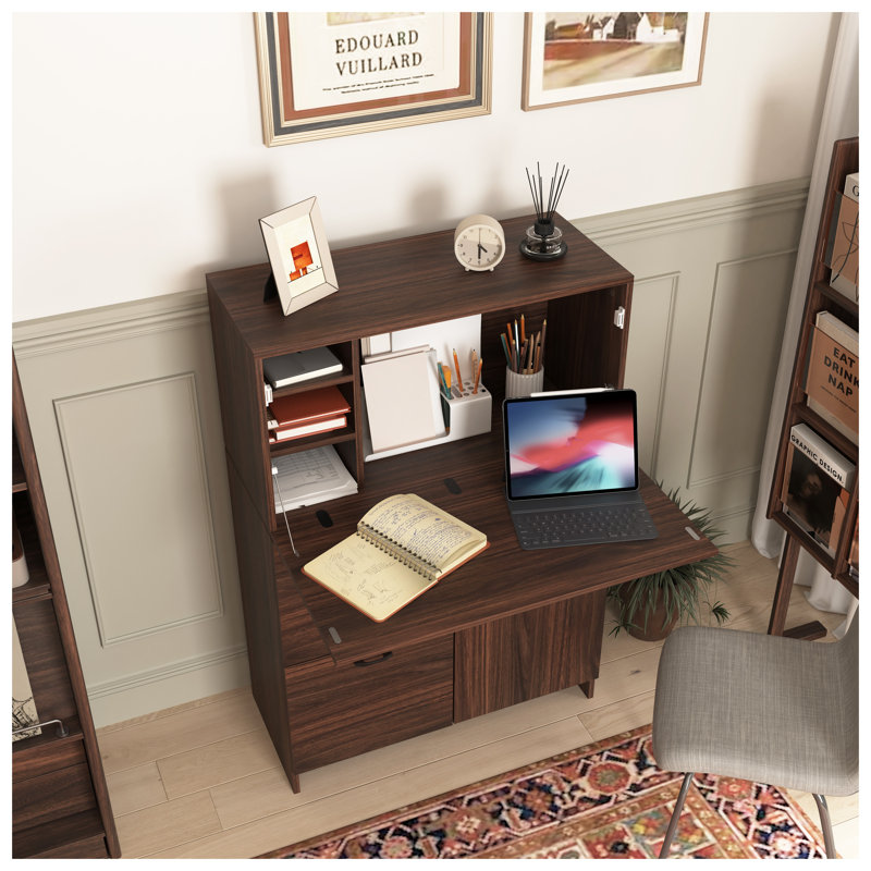 Armoire de bureau pliable en noyer avec tiroirs et tablettes de rangement - Organisateur de bureau à domicile peu encombrant