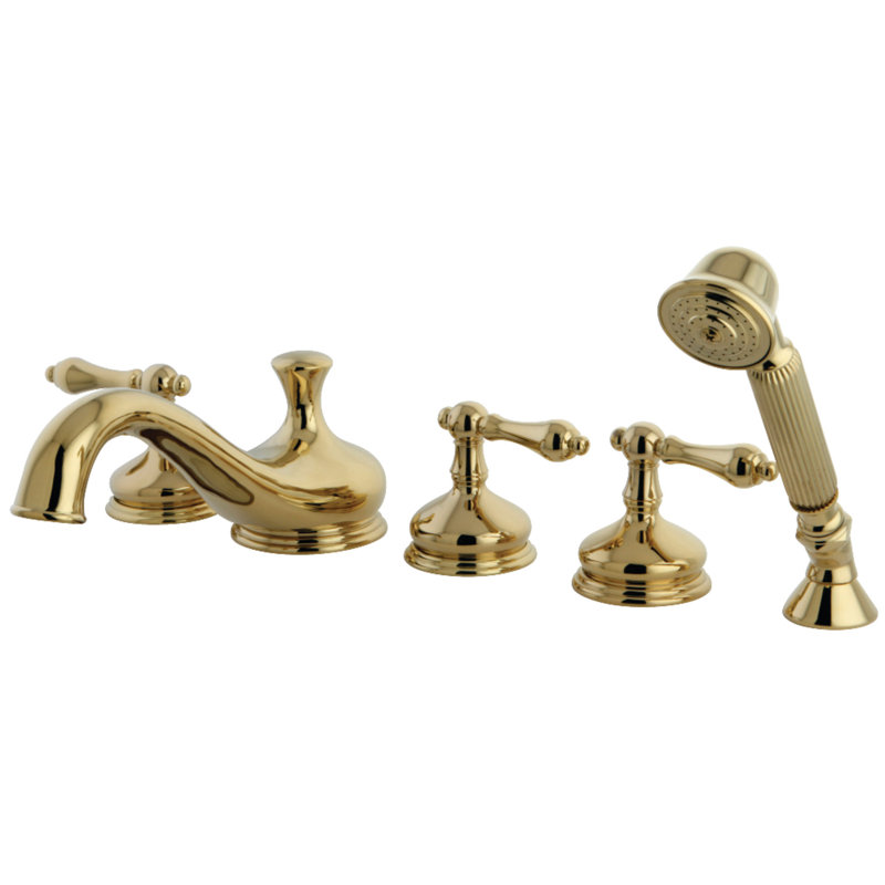 Kingston Brass Restoration Three-Handle 5-Hole Deck Mount Roman Tub Faucet with Hand Shower, Polished Brass