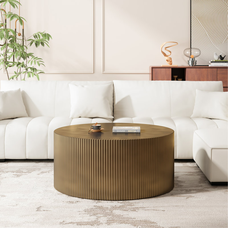 Table basse à rayures Minimalist Wave, table basse ronde moderne, table basse Drum Circle pour salon, chambre à coucher, laiton antique