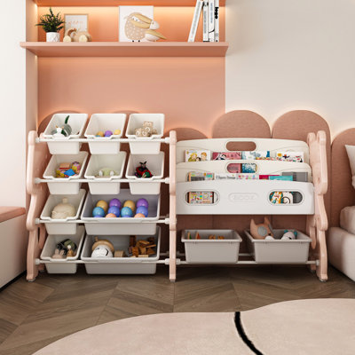 Kids Toy Storage Organizer, Toy Organizer With 2 Tier Bookshelf, Toy Storage With Shelf And 12 Toy Bins, Kids Bookshelf And Toy Storage For Playroom,