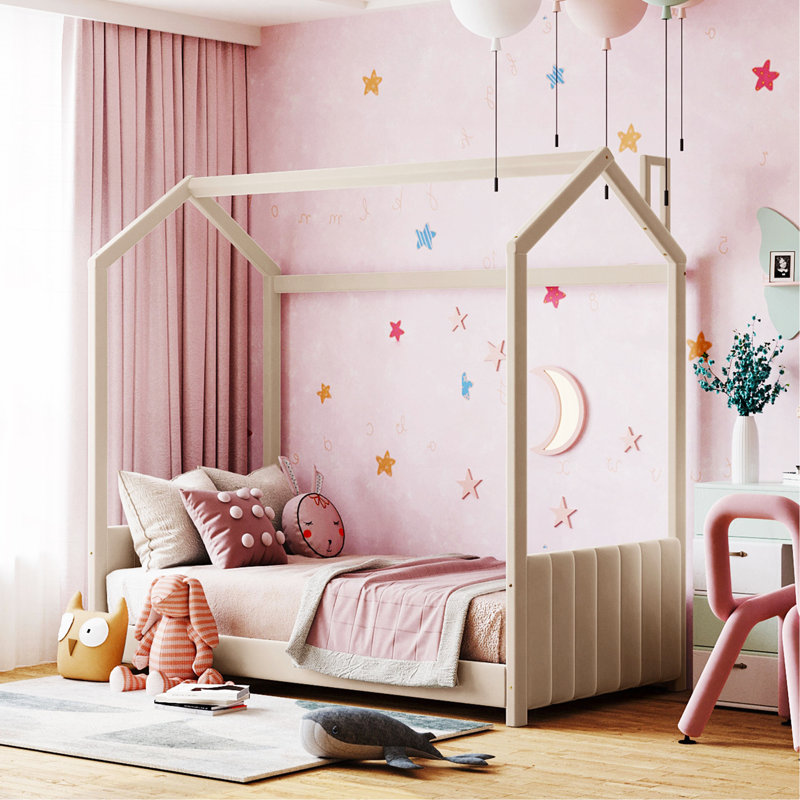 Lit simple en bois et velours, beige, Beige, Twin