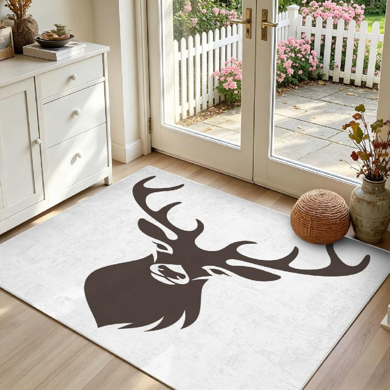 Tapis d'intérieur brun lavable à la machine, tête de cerf stylisée isolée sur un tapis., Rectangle 39 po x 63 po