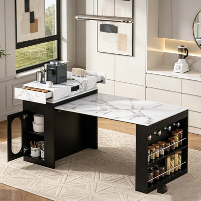 Extendable Dining Table with Folding Tabletop, Bar Table with Drawers and Power Outlet, Kitchen Island with Wheels and Hooks