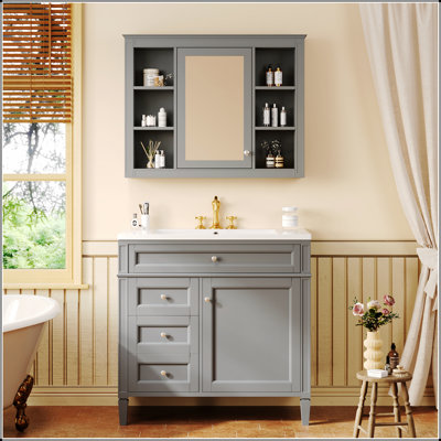 Meuble-lavabo moderne 36 po avec armoire à pharmacie, 2 portes à fermeture douce, 4 tiroirs et lavabo simple en céramique pour un rangement élégant