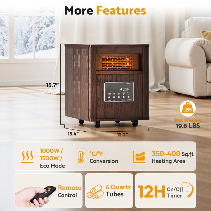 Chauffages d'appoint infrarouges Riifi pour usage intérieur, 1000/1500 W, avec roulettes, thermostat, commutateur °C/°F, mode éco.