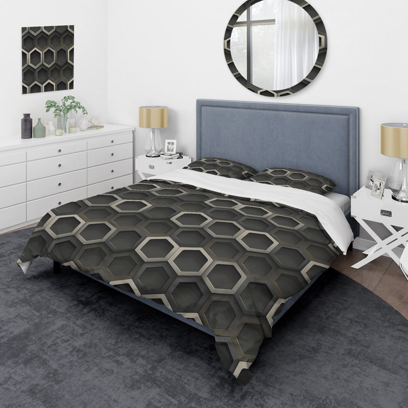 Ensemble de housse de couette moderne gris foncé Hexagon, Housse de couette très grand et 2 très grandes t