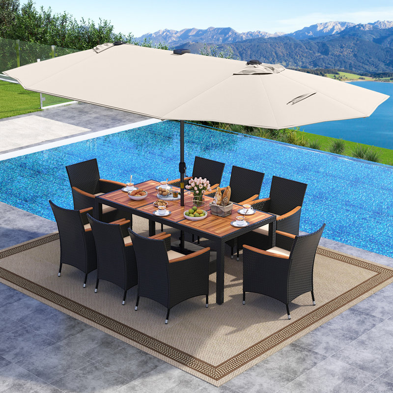 Set Of 11 Patio Dining Set w/ 15ft Double-Sided Patio Umbrella (Base Included) Beige, Beige, Beige