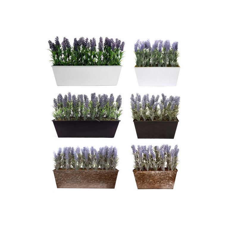 Lavender in Rustic Tin Planter (Window Box), 46.5cm H x 31.5cm W x 16.5cm D, Rustic Brown