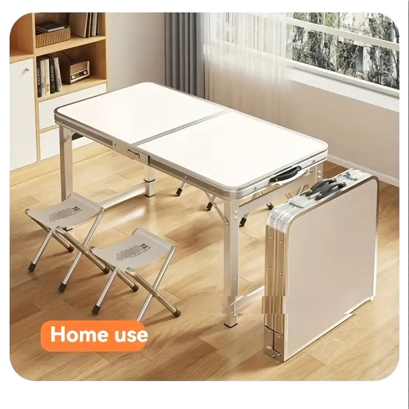 Table pliante d'extérieur portable - Alliage d'aluminium léger, 3 hauteurs réglables. Pour le camping, les pique-niques et les barbecues. Beige + blanc Structure triangulaire pour une stabilité accrue