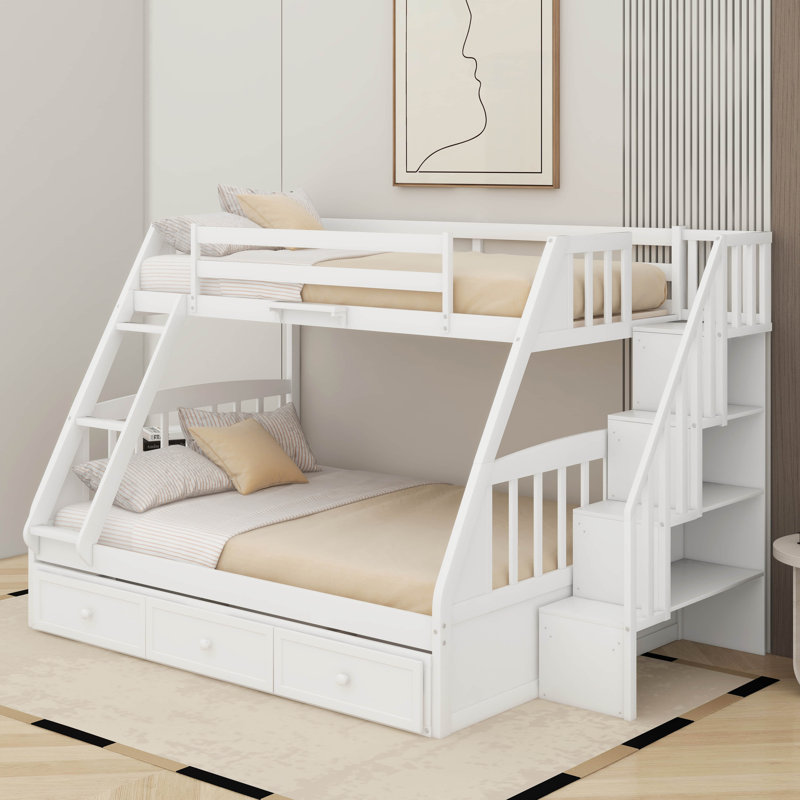 Lit simple superposé au dessus d'un lit double avec tiroirs et escalier de rangement, Blanc