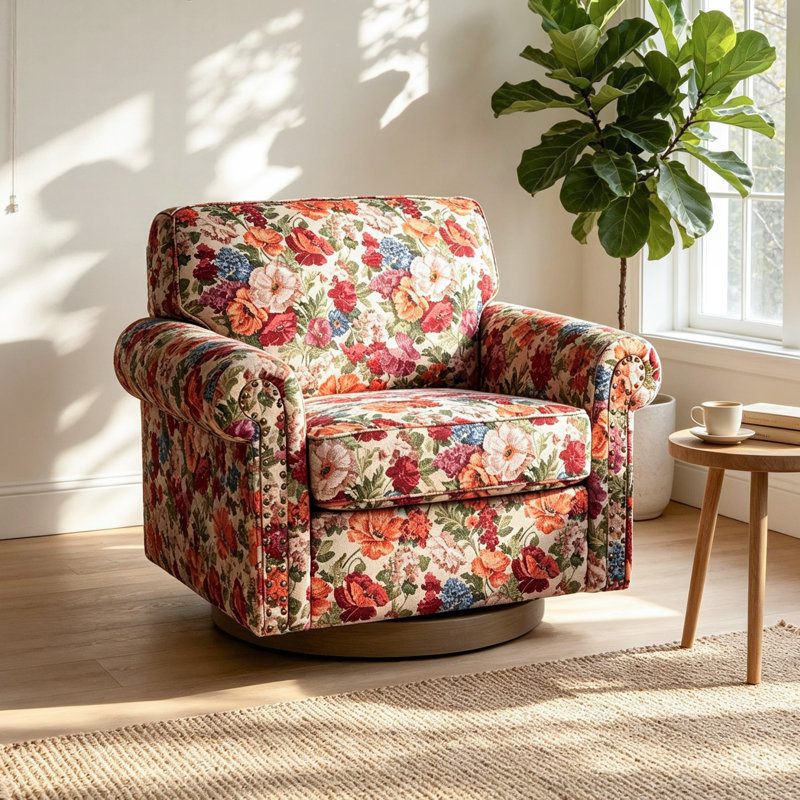 Fauteuil pivotant rembourré avec accoudoirs roulés et garniture cloutée, Floral beige