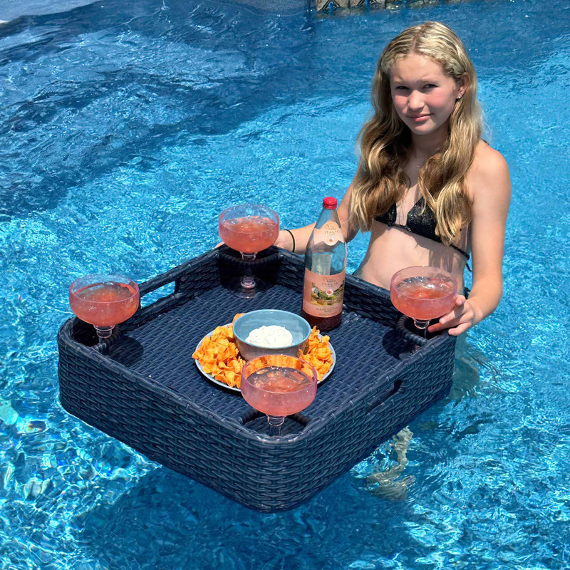 Sunjoy Wicker Floating Tray 24x24 inch  Aluminum Frame Pool Tray Swimming Floating Serving Tray for Drinks, Snacks, and Essentials