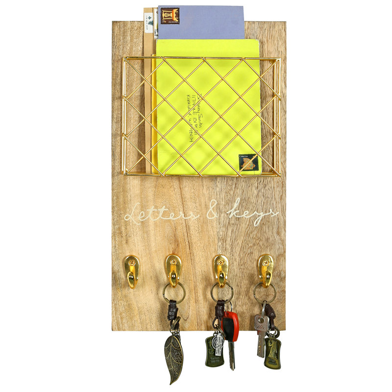 Wall 4 Hook Basket Mail Organiser with Key Hooks/Mail Storage