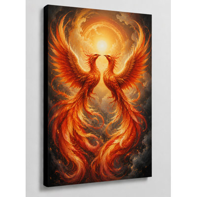 Large Chinese Feng Shui Twin Phoenix Under Radiant Sun Wall Art Canvas Print 24x36 Inch Symbolic Unity Decor Fantasy Fire Bird Artwork for Living Room Wedding Home Decor - Ready to hang