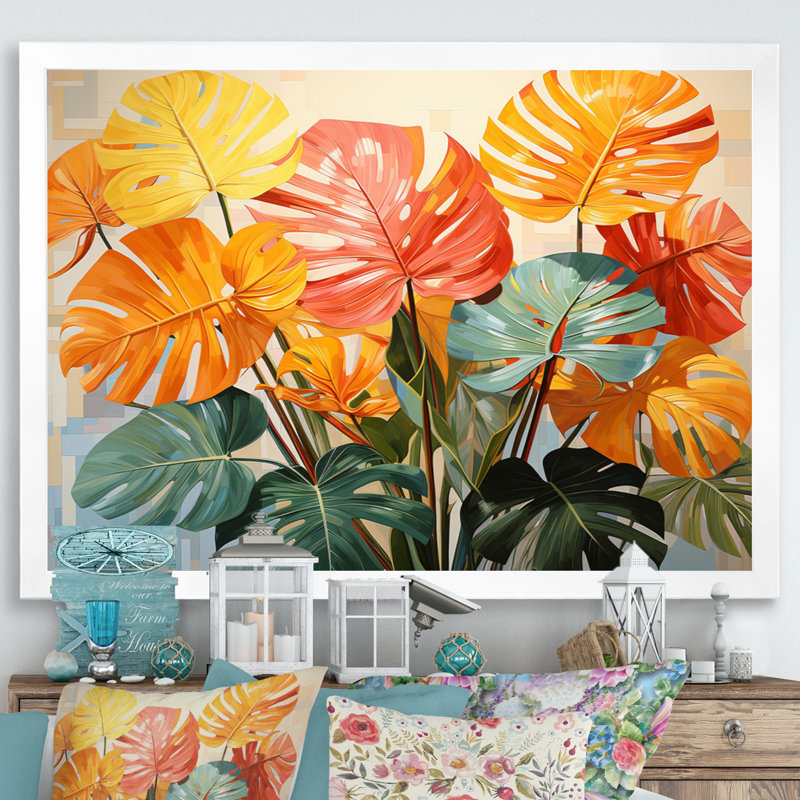 «Orange Green Tropical Plants I» sur toile, H 34 po x l 44 po x P 1,5 po, Cadre photo blanc