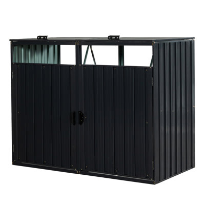 Iron Garbage Storage Shed For Yard - 2 Can Capacity, 46.78 In Height, Ventilated, Easy Assembly Outdoor Bin With Spring Lid Charcoal, 61.45 Depth, , Scratch-