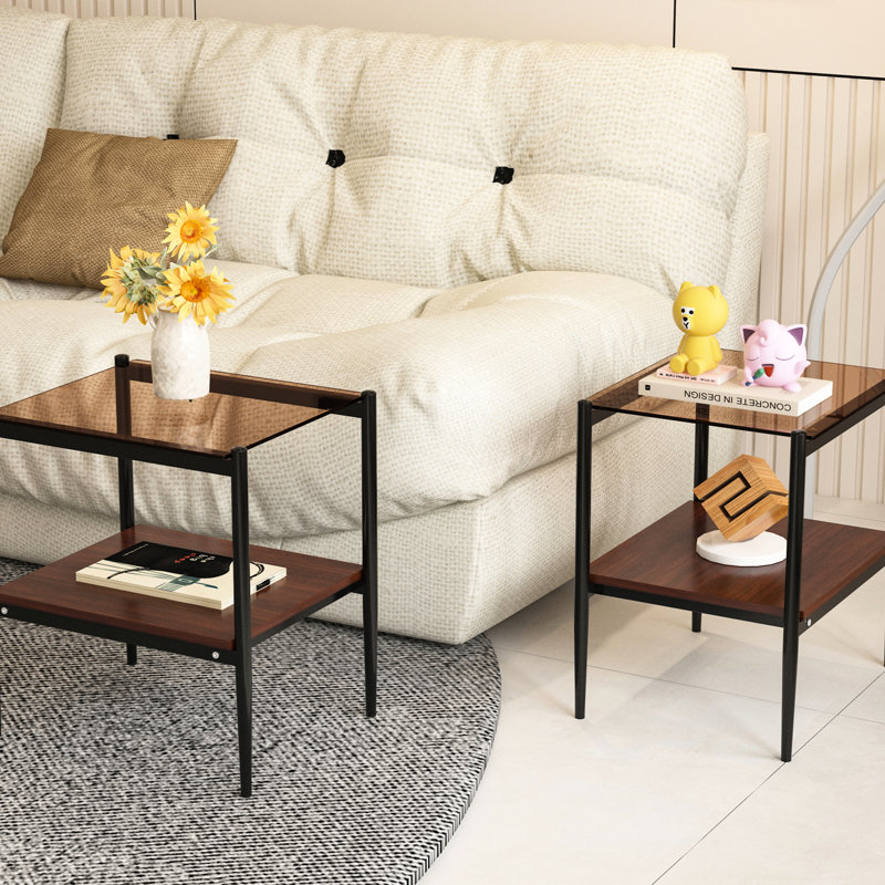 2 tables d'appoint rectangulaires en verre trempé - brun, pour intérieur, 48,5 cm x 40 cm x 53,7 cm, capacité de charge de 50 kg, 2 pièces, plateau moderne pour salon, 40 cm l x 48,5 cm l x 53,7 cm h, 50 kg