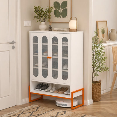 Armoire à chaussures moderne à double porte minimaliste avec portes réglables en filet et fond creux pour armoire de rangement à haut pied, compatible avec les aspirateurs robotiques