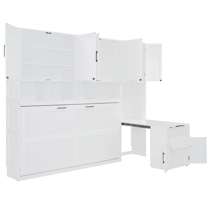 Murphy Bed With Desk, Cabinet And Bookcase, White