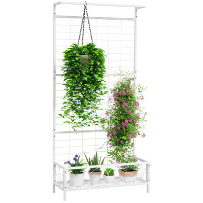 Tall Plant Stand with Trellis and Hanging Bar, Metal Plant Holder Flower Stand for Vine Climbing Plants Flowers Indoor Outdoor Use, 36" x 12.8" x 74"