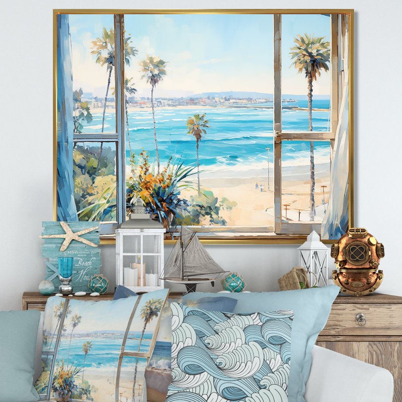 «Coastal Window View By The Beach IV» - art mural côtier, H 12 po x l 20 po x P 1 po, Cadre flottant doré