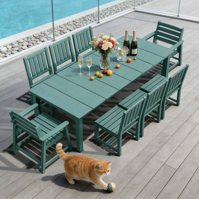Ensemble de salle à manger d'extérieur de 9 pièces avec fauteuil et chaise sans accoudoirs, Bleu