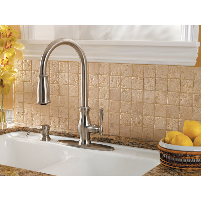Hanover Pull Out Single Handle Kitchen Faucet with Soap Dispenser, Stainless Steel