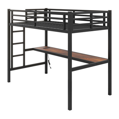 Metal Loft Bed With Power Outlet And LED Lighted, Space-Saving