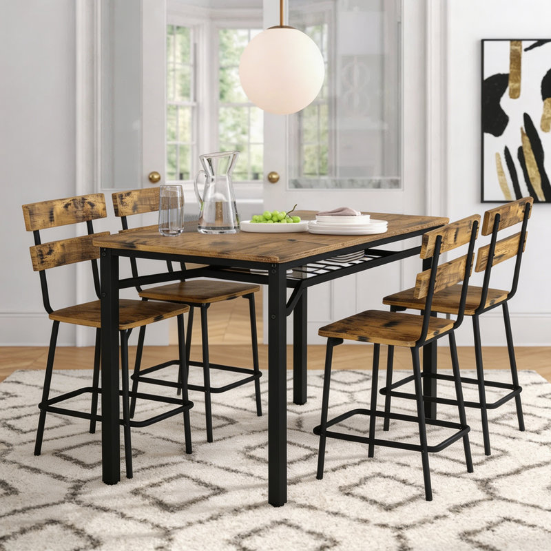 Ensemble de table de salle à manger pour 4 personnes Farmhouse, table de cuisine rectangulaire avec 4 chaises, ensemble de salle à manger en bois avec support de rangement pour la salle à manger, la cuisine et les petits espaces