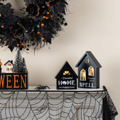 2-Piece 8"H Lighted Halloween Wooden Hauted House Table Decor