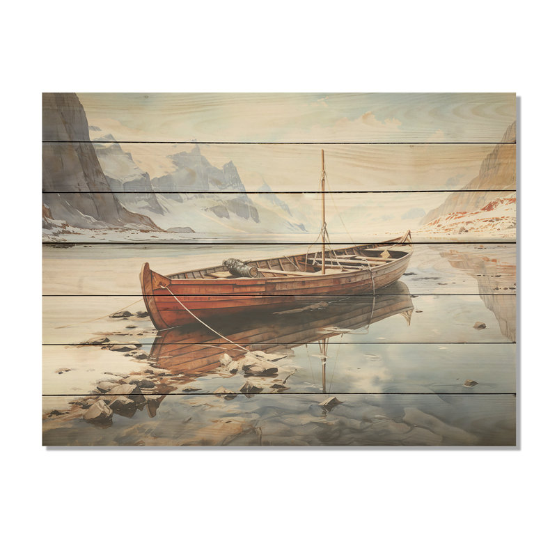 Rouge et blanc, bateau de pêche d'hiver Tranquility III - minimalisme sur bois, H 10 po x l 20 po