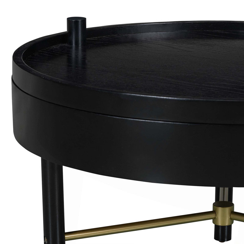 Table basse ronde moderne avec plateau rotatif en bois avec rangement et pieds en métal, Noir