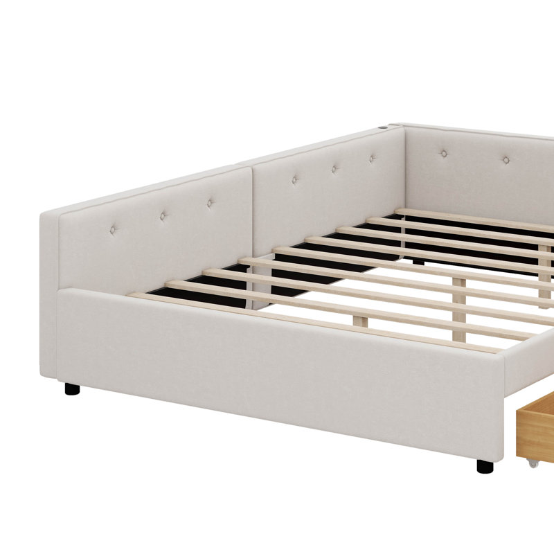 Queen Size Upholstered Platform Bed With USB And 2 Drawers, Queen