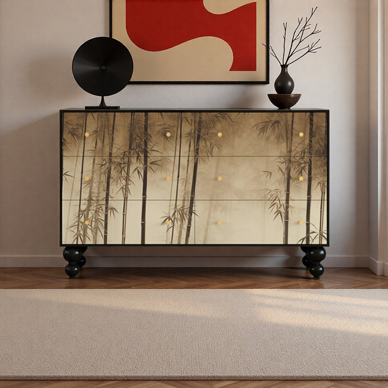 Commode 6 tiroirs en bois massif avec poignées en cuivre, Noir