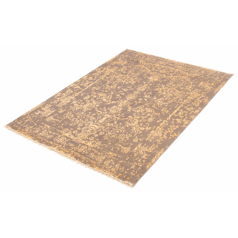 Tapis oriental gris / crème noué à la main, Rectangle 5 pi 1 po x 7 pi 7 po