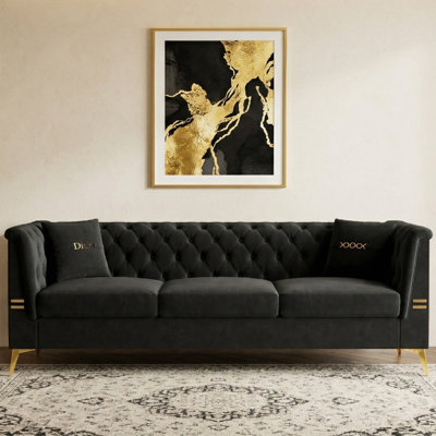 82.68" W Modern Chesterfield-Style Velvet Sofa with Button Tufting and Gold Metal Accents
