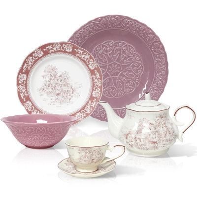 6-Piece Porcelain Dinnerware & Tea Set - Microwave & Dishwasher Safe Giftable Dining Set