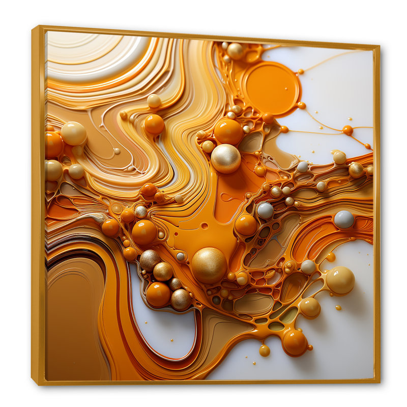 Jaune et blanc liquide, charme liquide - encre liquide, art mural abstrait, Cadre flottant doré, H 36 po x l 36 po x P 1,5 po
