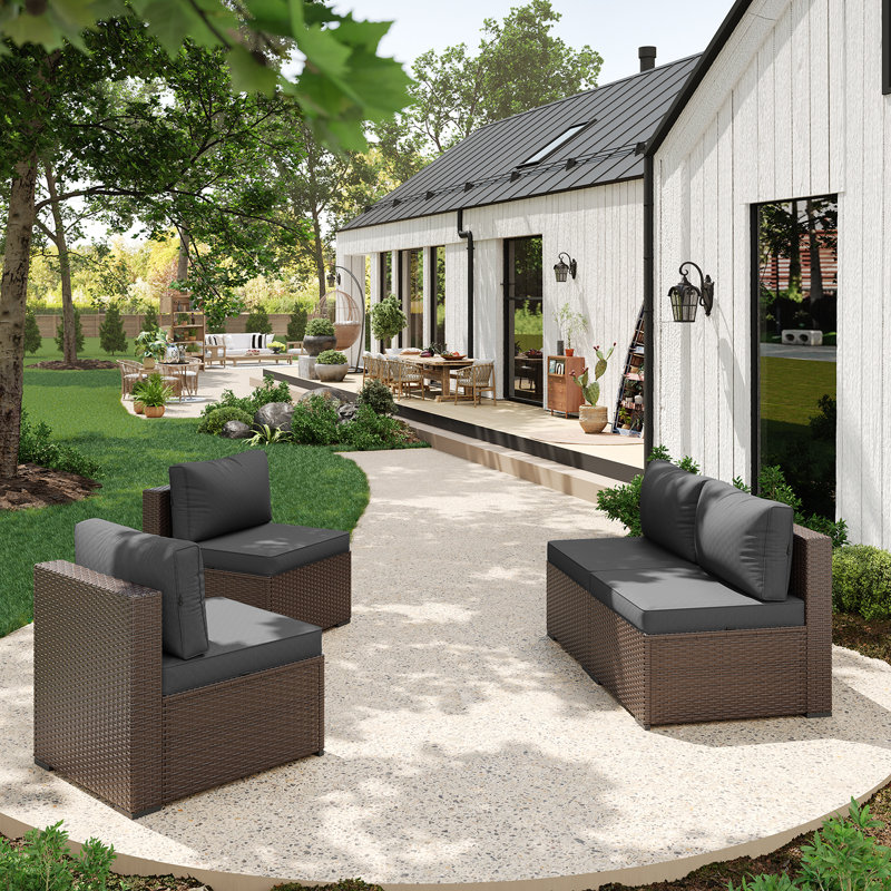 4 -Person Rattan Patio Safo With Cushions, Brown, Gray