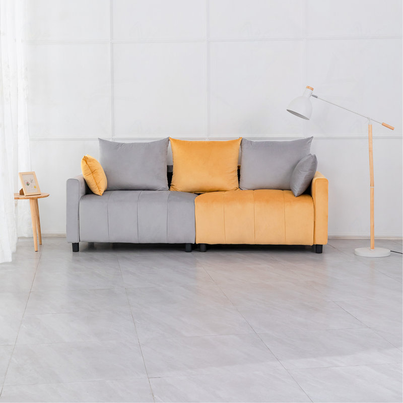 Canapé d'angle moderne bicolore de 208 cm (82 po) au design contemporain, en velours gris pâle et jaune