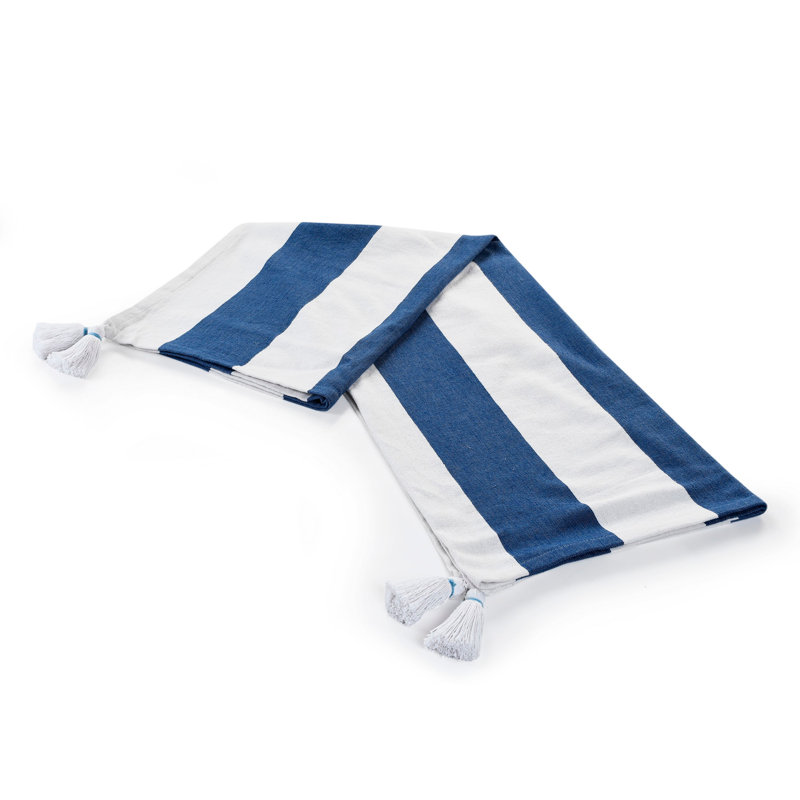 Jeté rayé 100% coton avec pampilles, Bleu marine / rayures blanches 2