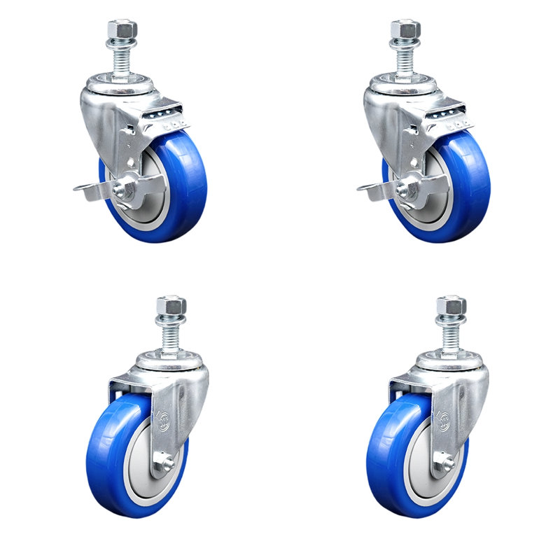 4 Inch_Polyurethane Wheel Swivel 12mm Threaded Stem Caster Set 2 Brake