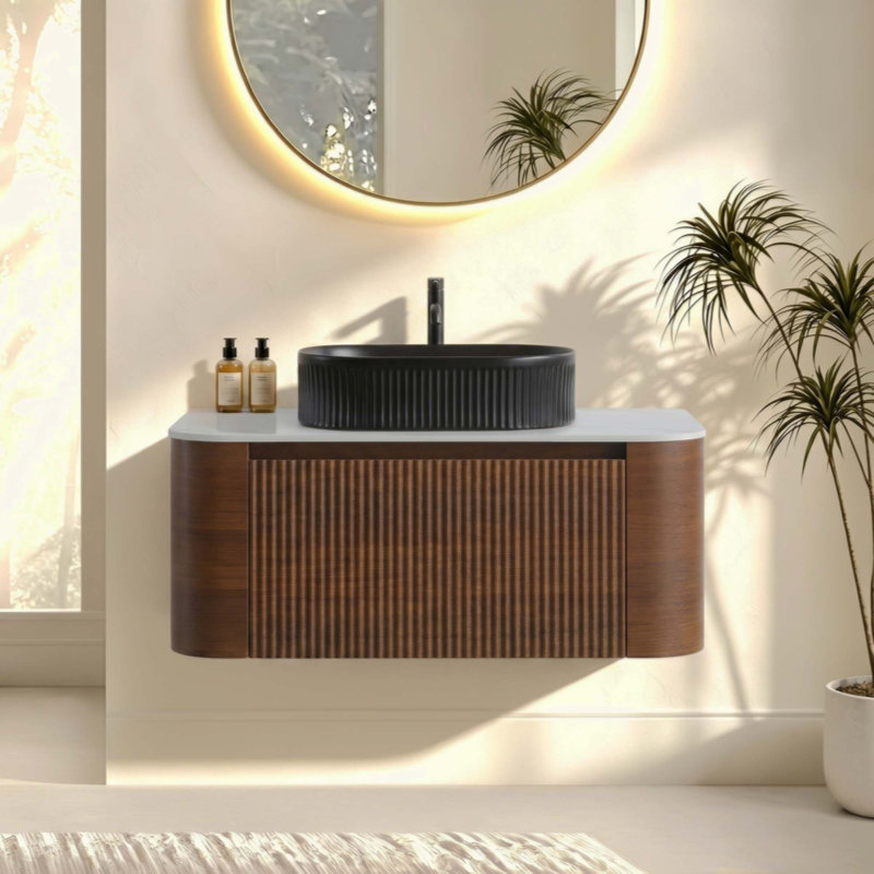 Meuble-lavabo de salle de bain avec lavabo, armoire murale avec porte-serviettes gratuit, conception de lavabo simple en céramique rayée ovale noire, sans drain et robinet, pré-assemblé