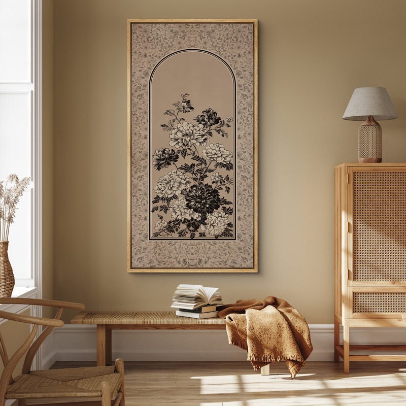 Panneau rétro arqué floral avec détails botaniques élégants - impression sur toile encadrée pour chambre principale, Naturel