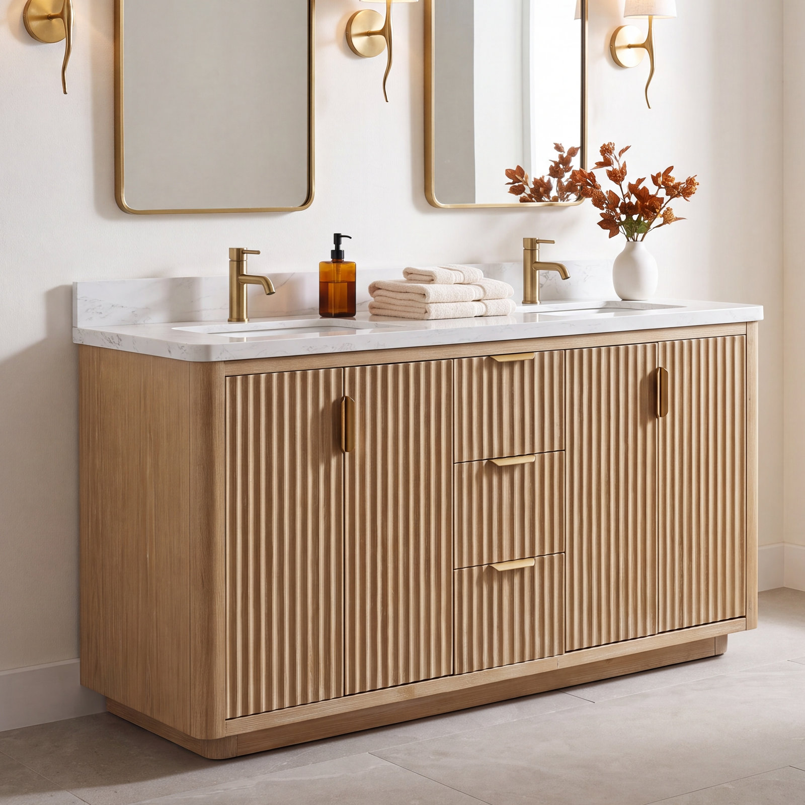 Adela 60'' Double Bathroom Vanity, White, Gold, Brown